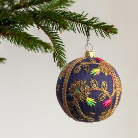 Veena 8cm Deep Blue Bauble with Gold Threadwork, Sequins & Neon Accents | Handcrafted Ornament | Luxury Holiday Décor | Sustainable Gift for Festive Celebrations