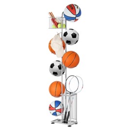 Garage Ball Storage Sports Equipment Organizer 7 Tier Basketball Rack Display Stand with Baskets and Hooks Freestanding Indoor & Outdoor Ball Rack Organizer Holder for Volleyball Football, Silver