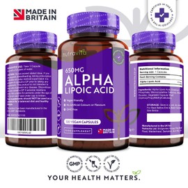 Alpha Lipoic Acid 650mg – 120 High Strength Vegan-Friendly Capsules – 100% Natural, No Synthetic Binders or Fillers – 4 Month Supply – Made in The UK by Nutravita