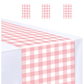 MUNILAIL 3 Pcs Pink and White Checkered Table Runner 14 x 108 Plastic Gingham Table Runner for Birthday Wedding Baby Shower Party Disposable Table Runner