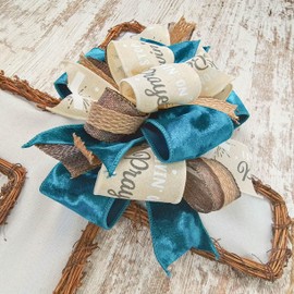 Cross Grapevine Wreath - Easter Cross Door Hanger Oversized Bow Door Decor; Brown Cream Dark Blue