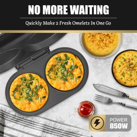 FineMade Omelette Maker Electric, Omelette Pan Nonstick, Dual Omelette Makers with 2 x 4.75” Round Grooves, Egg Bite Maker, Electric Double Egg Pan, Mini Pancake Maker, Breakfast Sandwich Maker, Black