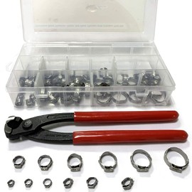 Leberna 200 Pcs 304 Stainless Steel Stepless Single Ear 5-33mm Hose Clamps with Pincers Crimper Tool Kit | Securing Pipe Hoses Automotive | Cinch Rings Pinch Clamp, Crimp Clamp Assortment PEX Crimping