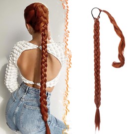 BARSDAR 30 Inch Long Braided Ponytail Extension - Wrap Around Copper Red Braid Ponytail Hair Extensions with Hair Tie - Synthetic Pony Tails Hairpieces for Women - Copper Red