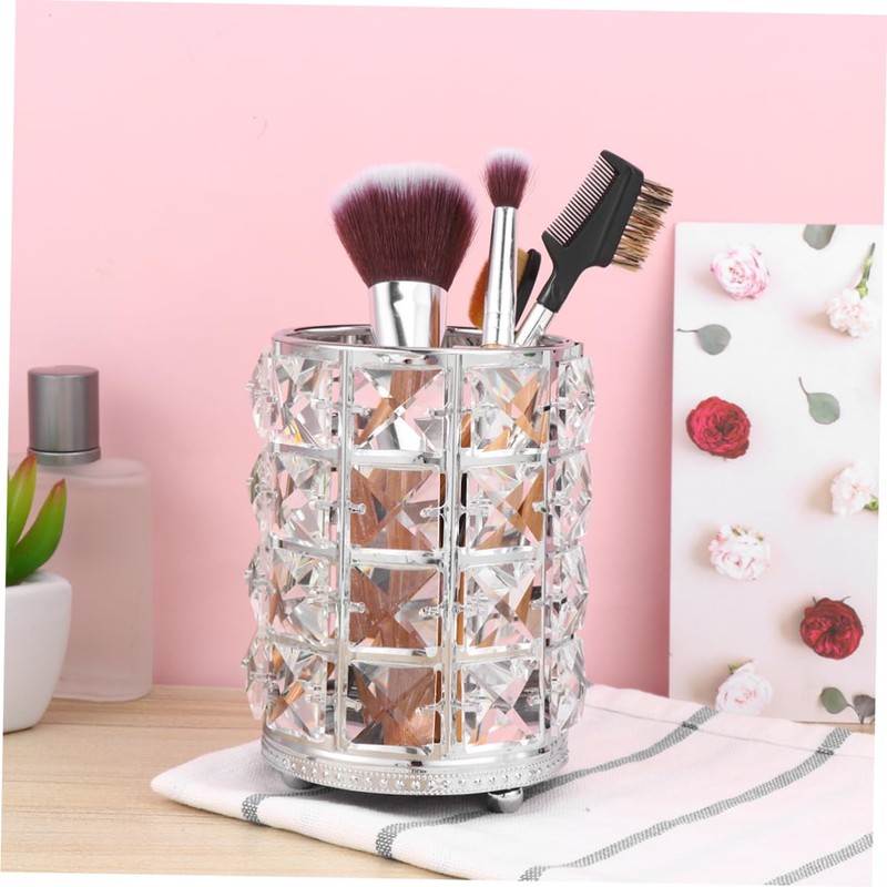 BIUDECO Large Silver Crystal Cosmetics Brush Holder Hollow Lace Design