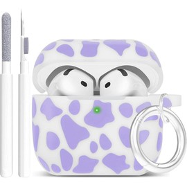 Cow AirPods 4 Case 2024,  Case Cover with Cleaner Kit for  Airpods 4th Generation Floral Print Soft Flexible Cover for Air Pod 4th Women Girls,  with  - Lavender Cow - Color: Cow Lavender