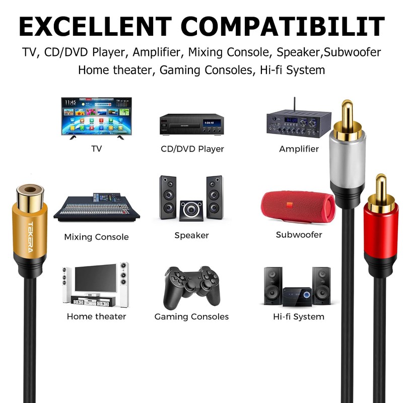 TEKERA RCA Y Cable Splitter, Gold-Plated Plug Subwoofer 1 Female