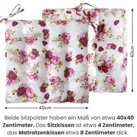 wometo Set of 2 Seat Cushion Chair Cushions 40 x 40 cm Oeko-Tex Country House Rose Motif Pink White with Ribbons / Bows for Indoor and Outdoor Use