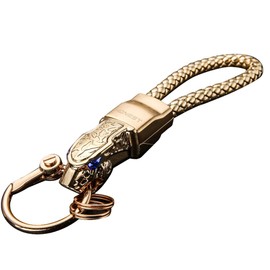 TOPKU Luxury Jaguar Metal Car Keyring,Leather Cord Key Chain,Elegant Detachable Car & Home Keychain for Man and Women,Metal Leopard Head with Blue Diamond Eyes(Gold)