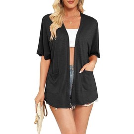 Yommay Strickjacke für Damen Sommer Leicht Kurzarm Atmungsaktiv und Sonnenschutz Frühling Herbst Cardigan,Schwarz,M