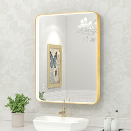 Twalsu 24x32 Inch LED Bathroom Mirror with Lights, Gold Metal Framed LED Mirror for Bathroom, 3 Colors and Stepless Dimmable Wall Mounted Lighted Bathroom Vanity Mirror, Anti-Fog, Memory
