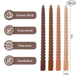 Whaline 8Pcs 10 Inch Gradient Brown Spiral Taper Candles Dripless Twisted Wax Candles Long Unscented Candle Sticks for Wedding Party Home Dining Table Decor