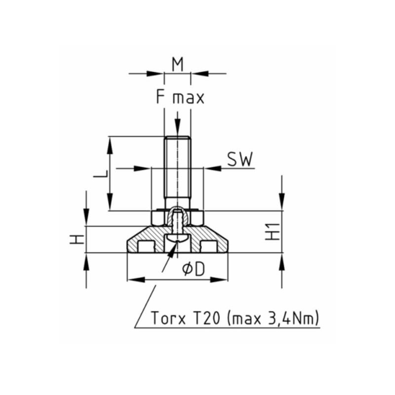 Design61 4 x Adjusting Feet, Diameter 30 mm, M8 x