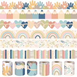 Fuutreo 6 Rolls 236.22 ft Boho Bulletin Board Borders Back to School Bohemian Classroom Decor Trim with Rainbow, Heart, Hand and Pencils Design for Teacher, Preschool Elementary School Supplies