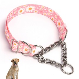 Stainless Steel Chain Martingale Collar for Dogs, No Pull Slip Cinch Choker Choke Collar Training Escape Proof Heavy Duty Dog Collar for Small Medium Large Pet Girl Female Dogs, Pink Daisy XL