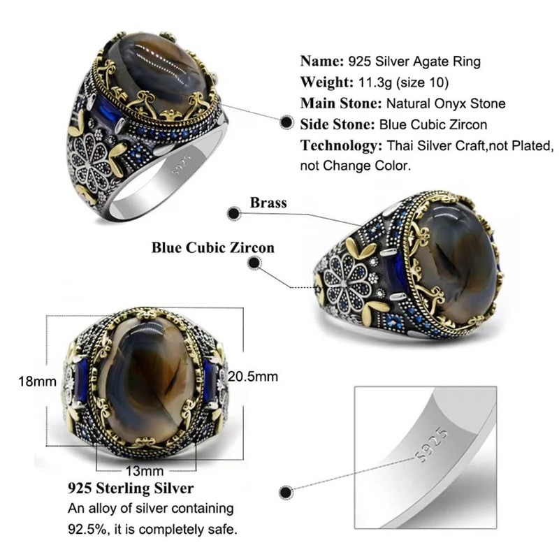 Dinuo S925 pure silver ring embedded elliptic natural agate rock