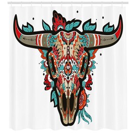 Ambesonne Occidental Cortina de Baño, Cráneo del Búfalo Mexicanos del Azúcar, Paño Conjunto de Decoración de Baño de Tela y Ganchos, 84" Extra Alta, Turquesa Naranja Gris Pardo