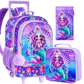 3PCS Rolling Backpack for Girls, Kids Roller Wheels Bookbag, Wheeled School Bag with Lunch Bag - Purple Mermaid
