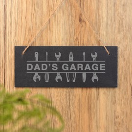 eBuyGB Dad's Garage Sign, Slate Hanging Door Sign, Workshop Wall Plaque, 25x10cm Laser Engraved DIY Father's Day, Birthday Gift for Him