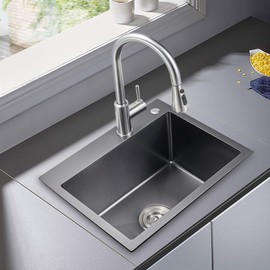 OUGOO 22 x 18 inch Drop in Kitchen Sink, 9" Deep Single Bowl Kitchen Sinks,T-304 Stainless Steel Topmount Sink with Strainer, Black