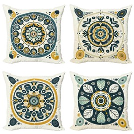 Ambesonne Mandala Throw Pillow Cushion Cover Set of 4, Mosaic Style Flowery Details Circles Bohemian Folk Style Print, Decorative Accent Double-Sided Printing, 16", Dark Mustard and Dark Teal