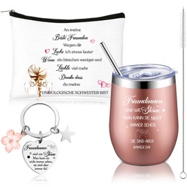 Hestya 3 Stück Beste Freundin Thermobecher Geschenkset 12 oz 350 ml Edelstahl Kaffeebecher mit Gravur Freundschafts Schlüsselanhänger Freundinnen Kosmetiktasche Geburtstagsgeschenk für Freundin