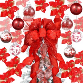 49 Pcs Christmas Tree Decoration Set Christmas Tree Topper Bow 24 Pcs Christmas Glitter Artificial Poinsettia Flowers 24 Pcs 2.36 Inch Christmas Ball Ornaments for Xmas Wedding Birthday (Red)