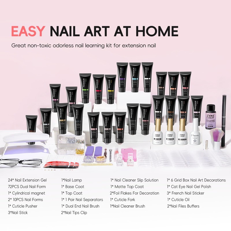 PEACECOLOR 50Pcs Poly Nail Gel Kit with U V Light