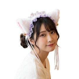 猫耳 カチューシャ コスチューム用小物 lolita風 フリルカチューシャ 鈴付き ロリータ コスプレ (ホワイトパープル)