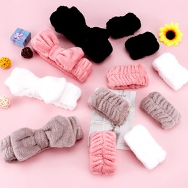 4 Set SPA Headband and Wrist Wash Bands for Women Cute Soft Skincare Headbands for Washing Face Unisex Towel Scrunchie Simple Make Up Head band With Bow Facial Elastic Face Washing Wristbands