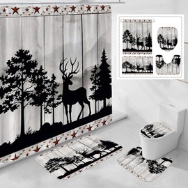 Litabel 4 Pcs Rustic Forest Deer Shower Curtain Set with Non-Slip Rugs, Toilet Lid Cover and Bath Mat, Wooden Country Bathroom Decor Set with Shower Curtain and Rugs(Hooks Not Included)