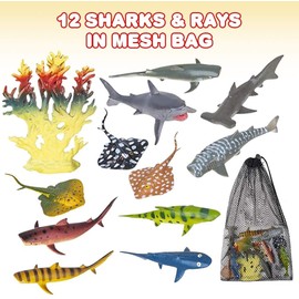 ArtCreativity Sharks & Rays in Mesh Bag, Pack of 12 Sea Creature Figurines in Assorted Designs, Bath Water Toys for Kids, Ocean Life Party Décor, Party Favors for Boys and Girls