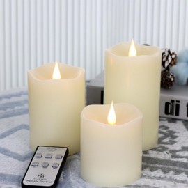 TECHLONG Flameless Candles Battery Operated with Remote Timer, 3D Moving Flame Flickering, Last 600+ Hours Battery Candles, Set of 3 Ivory Real Wax Electric LED Candle for Wedding Party Decor