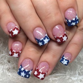 4th of July Glitter French Tips Press on Nails Square Fake Nails American Five-Pointed Stars False Nails Independence Day Glue on Nails Glossy Memorial Day Artificial for Women Nails Decoration 24Pcs