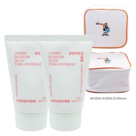 Innisfree Cherry Blossom Glow Tone-Up Cream 50ml 2pcs+Cleanser+Play Green Cosmetic Pouch (Yellow) / 이니스프리 왕벚꽃 글로우 톤업 크림 50ml 2개+클렌저+플레이그린 화장품 파우치 (옐로우)