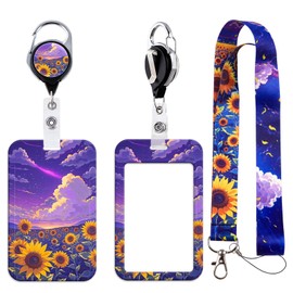 BKBKAAK Purple ID Badge Holder with Neck Lanyard, Heavy Duty Retractable Badge Clip with Silky Lanyard, Sunflower Lanyard with Keychain for Women, Girl, Kids