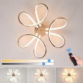Q&S Modern Dining Room Light Fixture,Kitchen Led Ceiling Light,Dimmable Gold Flush Mount Ceiling Light Fixture for Bedroom with Remote,Flower Led Chandelier for Living Room Hallway 3-Color Change