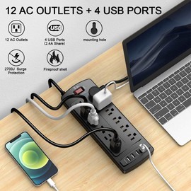 Power Strip, Tcstei Surge Protector with 12 Outlets and 4 USB Ports, 10 Feet Extension Cord (1875W/15A) for Home, Office, Dorm Essentials, 2700 Joules, ETL Listed, Black