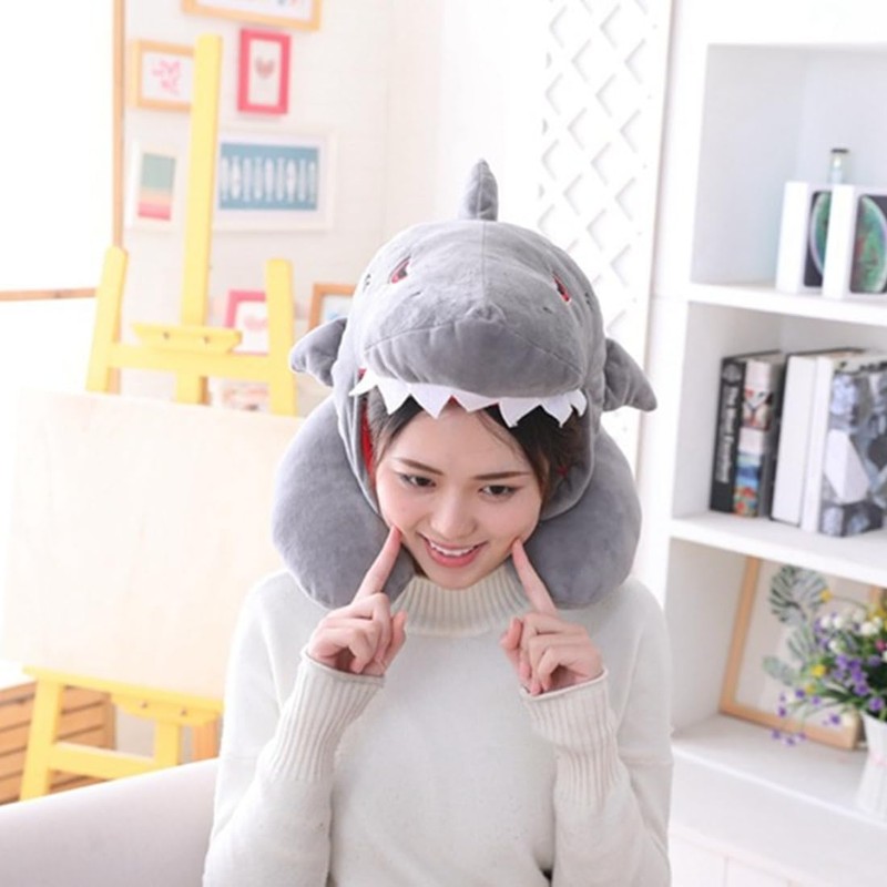 Bury Tony Shark Soft Hooded Travel Neck Pillow, Cartoon Animal