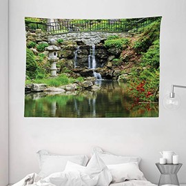 Ambesonne Japanese Tapestry, Cascading Waterfall Pond Under BridgeÂ Reflections of Flowers inÂ Water Pattern, Wide Wall Hanging for Bedroom Living Room Dorm, 80" X 60", White Green