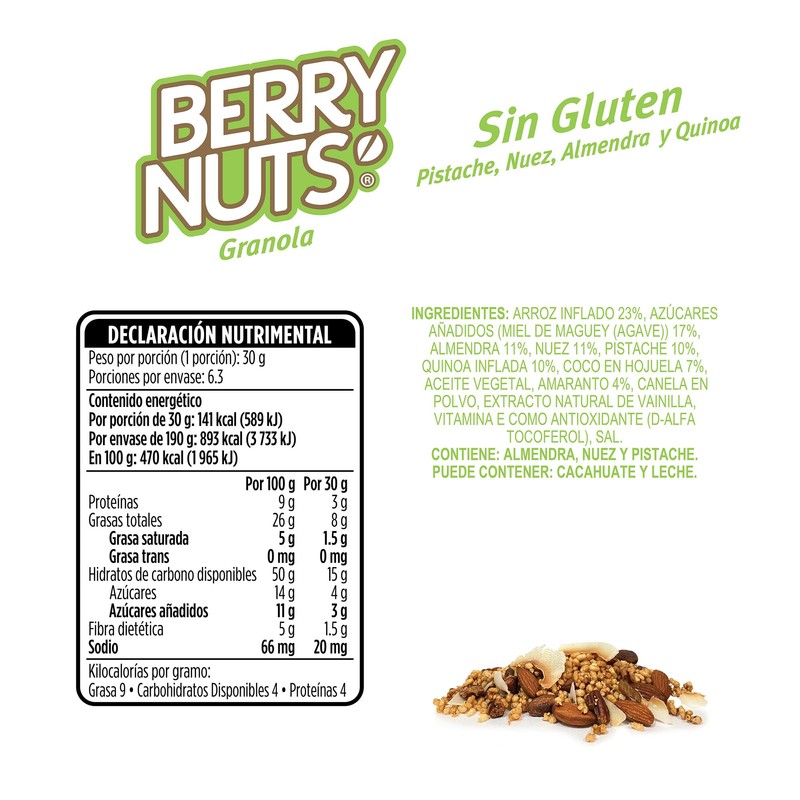 Berry Nuts® Granola Vegana Sin Gluten, Quinoa, Almendra y Nuez,