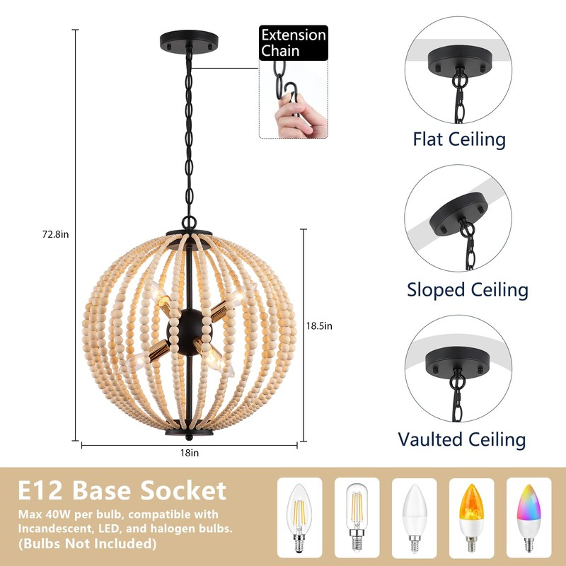 3WWWUEE 18'' Boho Wood Beaded Chandelier - Black Sphere 6-Light