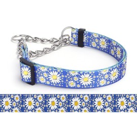 Pimaodog Martingale Dog Collar, Trainer Approved Limited Slip Collar with Daisy Floral Design Stainless Steel Chain Modified Cinch Collar for Gentle & Effective Pet Training (Dark Blue, Large)