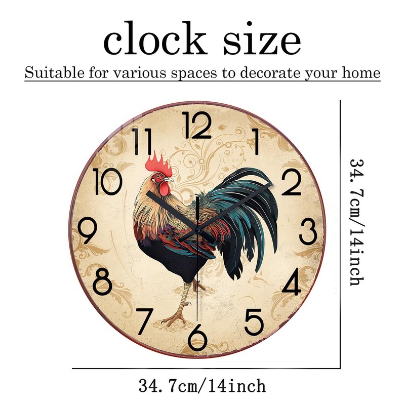 XNM Brown Rooster Wall Clocks Battery Operated 14 Inch Farmhouse