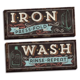 Gango Home Décor Rustic Vintage-Style Iron Press Fold and Wash Rinse Repeat Laundry Set by Pel Studios; Two 20x8in Hand-Stretched Canvas