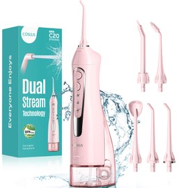 COSLUS Water Dental Flosser Teeth Pick C20(F5020E): Portable Cordless Oral Irrigator 300ML Rechargeable Travel Irrigation Cleaner IPX7 Waterproof Electric Flossing Machine for Teeth Cleaning, Pink