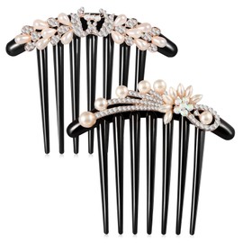 2pcs Pearls Hair Side Comb Crystal Decor Plastic Twist Comb with 7 Teeth Comb for Women Girls (Peacock, Flower)