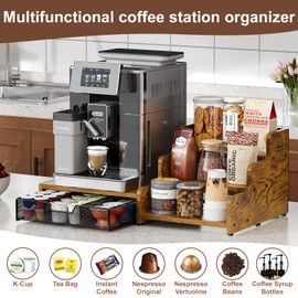 Bliesosfud Coffee Station Organizer with K Cup Holder, 24 Pod Capacity,3-Tier Syrup Rack with Coffee Pod Holder Drawer, Coffee Bar organizer Countertop for Accessories,Rustic Brown