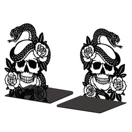 Peacoblue Metal Bookends for Shelves, Modern Decorative Heavy Duty Study Book Support Stoppers for Office, Desk, Shelf, Room 5.3"x4.3"x6.3" Cast Iron Simple Tall Bookends, 1 Pair (Skulls and Snakes)