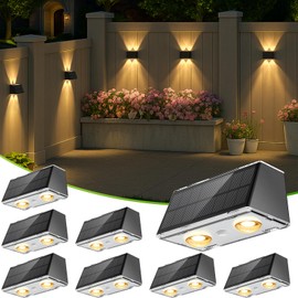 LANSOW Solar Fence Lights 8 Pack, Solar Powered Lights Outdoor Waterproof, 9-Mode Warm/Cool White & RGB Up-Down Led Spot Wall Lights Dusk to Dawn Decor for Backyard, Deck, Patio, Pool, Railing(Black)